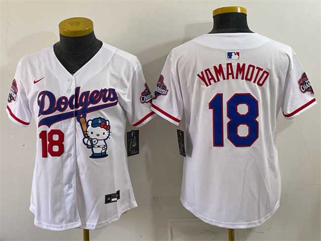 Women%27s Los Angeles Dodgers #18 Yoshinobu Yamamoto White Hello Kitty Night 2025 World Series Champions Patch Stitched Jersey Dzhi->mlb womens jerseys->MLB Jersey