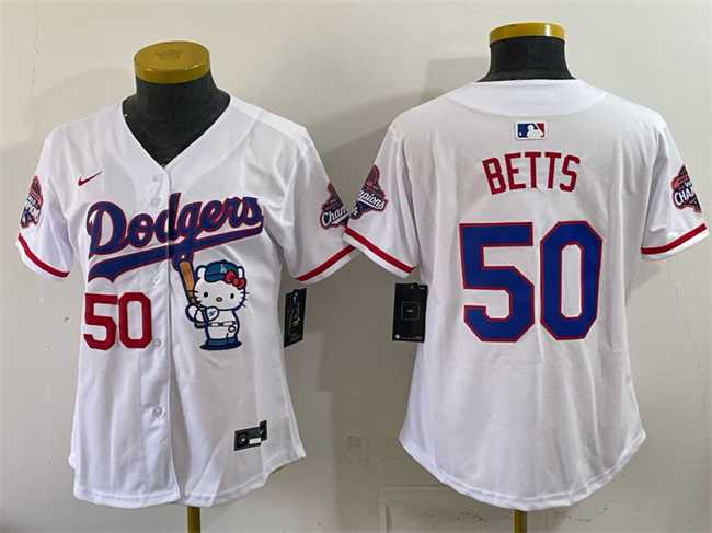 Women%27s Los Angeles Dodgers #50 Mookie Betts White Hello Kitty Night 2025 World Series Champions Patch Stitched Jersey Dzhi->mlb womens jerseys->MLB Jersey