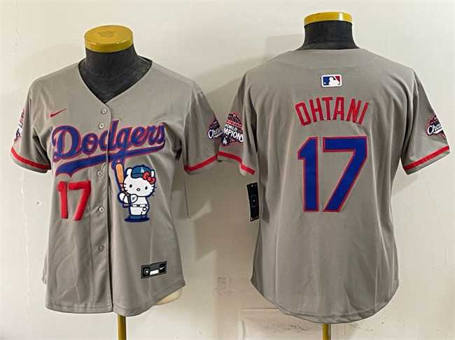 Women%27s Los Angeles Dodgers #17 Shohei Ohtani Grey Hello Kitty Night 2025 World Series Champions Patch Stitched Jersey Dzhi->mlb womens jerseys->MLB Jersey