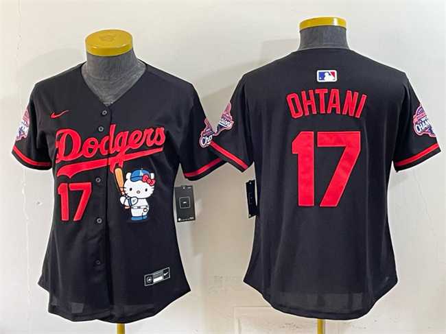 Women%27s Los Angeles Dodgers #17 Shohei Ohtani Black Hello Kitty Night 2025 World Series Champions Patch Stitched Jersey Dzhi->mlb womens jerseys->MLB Jersey
