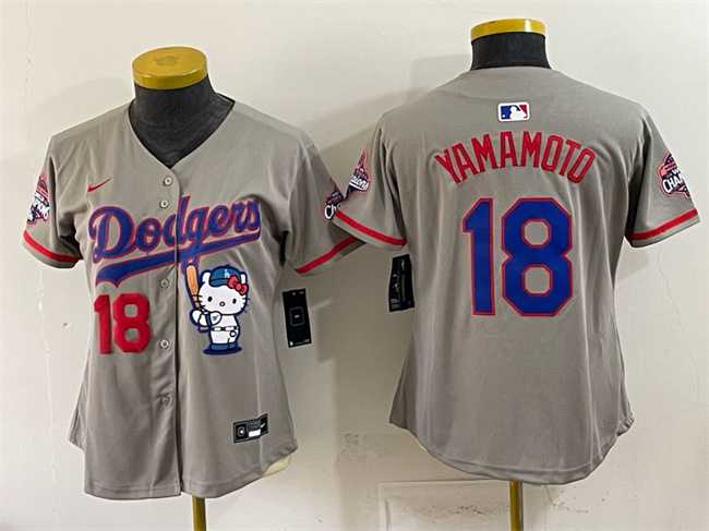 Women%27s Los Angeles Dodgers #18 Yoshinobu Yamamoto Grey Hello Kitty Night 2025 World Series Champions Patch Stitched Jersey Dzhi->mlb womens jerseys->MLB Jersey