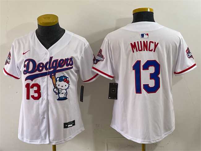 Women%27s Los Angeles Dodgers #13 Max Muncy White Hello Kitty Night 2025 World Series Champions Patch Stitched Jersey Dzhi->mlb womens jerseys->MLB Jersey