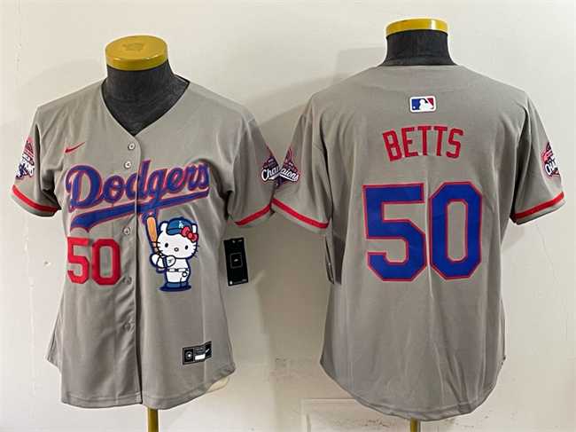 Women%27s Los Angeles Dodgers #50 Mookie Betts Grey Hello Kitty Night 2025 World Series Champions Patch Stitched Jersey Dzhi->mlb womens jerseys->MLB Jersey