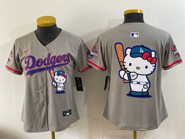 Women%27s Los Angeles Dodgers Team Big Logo Grey Hello Kitty Night 2025 World Series Champions Patch Stitched Jersey Dzhi->mlb womens jerseys->MLB Jersey