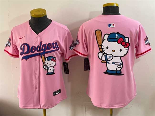 Women%27s Los Angeles Dodgers Team Big Logo Pink Hello Kitty Night 2025 World Series Champions Patch Stitched Jersey Dzhi->mlb womens jerseys->MLB Jersey