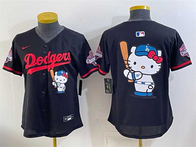 Women%27s Los Angeles Dodgers Team Big Logo Black Hello Kitty Night 2025 World Series Champions Patch Stitched Jersey Dzhi->mlb womens jerseys->MLB Jersey