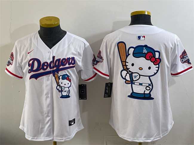 Women%27s Los Angeles Dodgers Team Big Logo White Hello Kitty Night 2025 World Series Champions Patch Stitched Jersey Dzhi->mlb womens jerseys->MLB Jersey