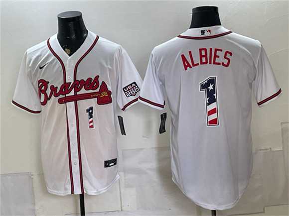 Men%27s Atlanta Braves #1 Ozzie Albies White USA 250 Fourth of July Home Stadium Stitched Jersey Dzhi->atlanta braves->MLB Jersey