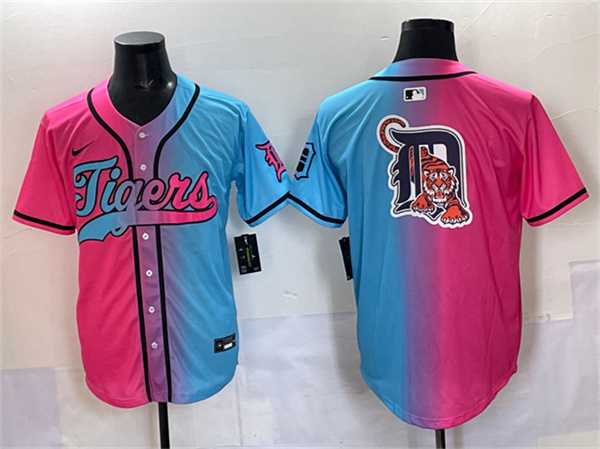 Men%27s Detroit Tigers Team Big Logo Pink Blue Limited Stitched Jersey->detroit tigers->MLB Jersey