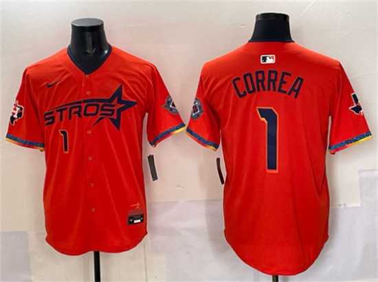 Men%27s Houston Astros #1 Carlos Correa Orange 2025 City Connect With Texas Patch Limited Stitched Jersey->houston astros->MLB Jersey