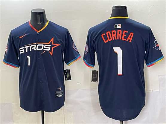 Men%27s Houston Astros #1 Carlos Correa Navy 2025 City Connect With Texas Patch Limited Stitched Jersey->houston astros->MLB Jersey