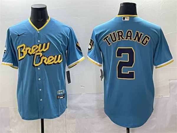 Mens Milwaukee Brewers #2 Brice Turang Powder Blue City Connect Cool Base Stitched Jersey->milwaukee brewers->MLB Jersey