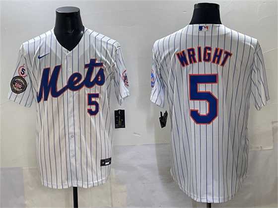Men%27s New York Mets #5 David Wright White With Patch Stitched Jersey->new york mets->MLB Jersey