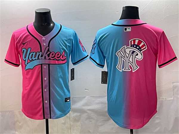 Men%27s New York Yankees Team Big Logo Pink Blue Limited Stitched Jersey->new york yankees->MLB Jersey