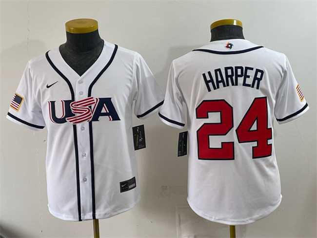 Youth USA Baseball #24 Bryce Harper White 2026 World Baseball Classic Home Stadium Stitched Jersey->2026 world baseball classic->MLB Jersey