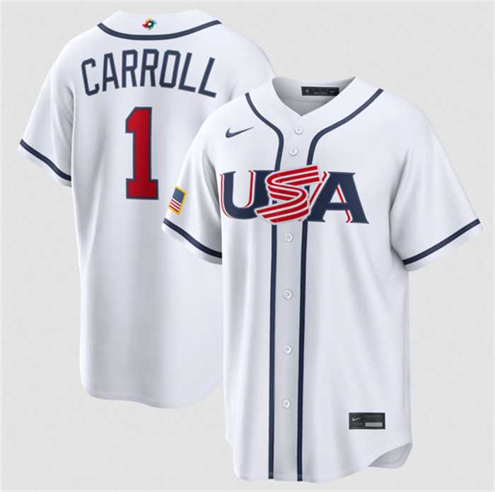 Mens USA Baseball #1 Corbin Carroll White 2026 World Baseball Classic Home Stadium Stitched Jersey->->MLB Jersey