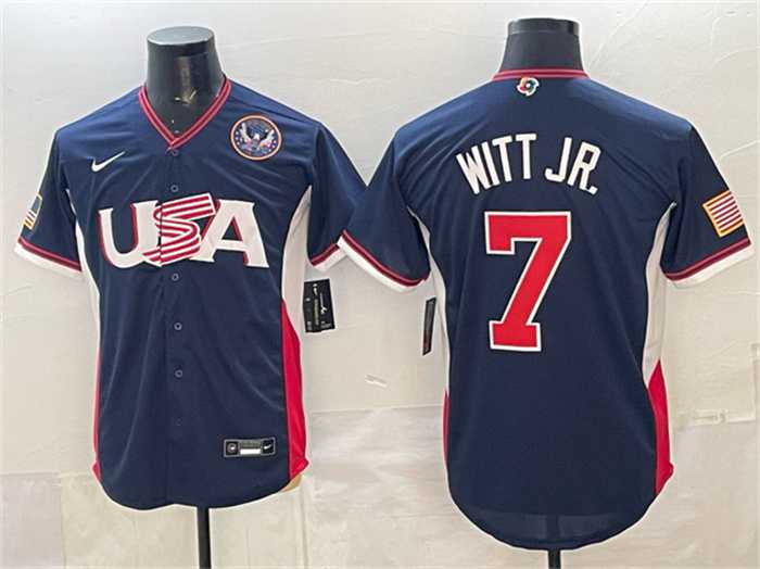 Mens USA Baseball #7 Bobby Witt Jr. Navy 2026 World Baseball Classic United States 250th Anniversary Patch Road Stadium Stitched Jersey->->MLB Jersey