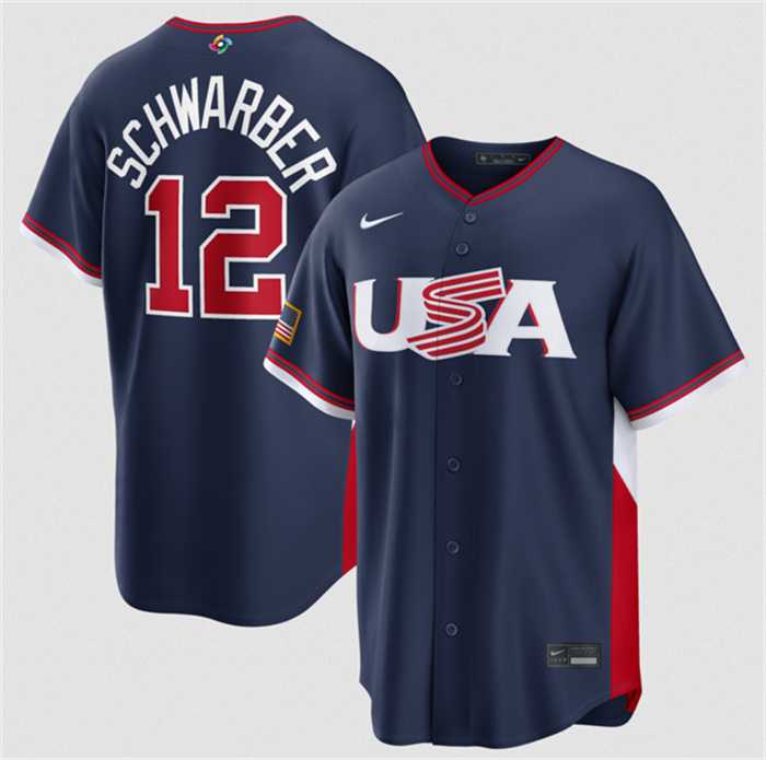 Mens USA Baseball #12 Kyle Schwarber Navy 2026 World Baseball Classic Road Stadium Stitched Jersey->->MLB Jersey
