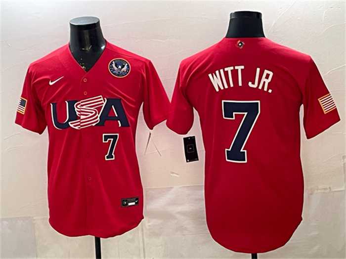 Mens USA Baseball #7 Bobby Witt Jr. Red 2026 World Baseball Classic United States 250th Anniversary Patch Stadium Stitched Jersey->->MLB Jersey