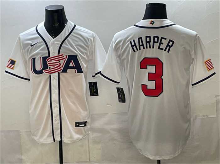 Mens USA Baseball #3 Bryce Harper White 2026 World Baseball Classic Home Stadium Stitched Jersey->->MLB Jersey