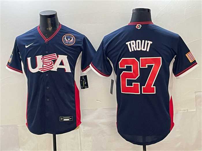 Mens USA Baseball #27 Mike Trout Navy 2026 World Baseball Classic United States 250th Anniversary Patch Road Stadium Stitched Jersey->->MLB Jersey