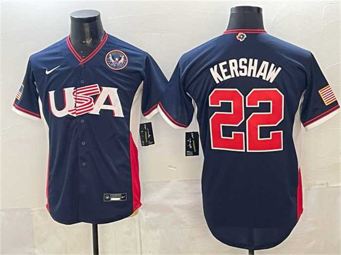 Mens USA Baseball #22 Clayton Kershaw Navy 2026 World Baseball Classic United States 250th Anniversary Patch Road Stadium Stitched Jersey->->MLB Jersey