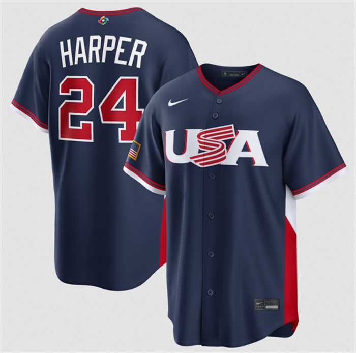 Mens USA Baseball #24 Bryce Harper Navy 2026 World Baseball Classic Road Stadium Stitched Jersey->->MLB Jersey