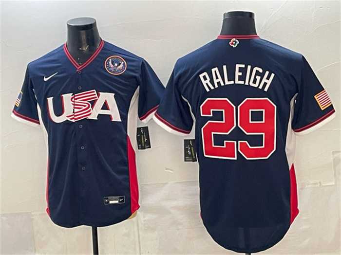Mens USA Baseball #29 Cal Raleigh Navy 2026 World Baseball Classic United States 250th Anniversary Patch Road Stadium Stitched Jersey->->MLB Jersey