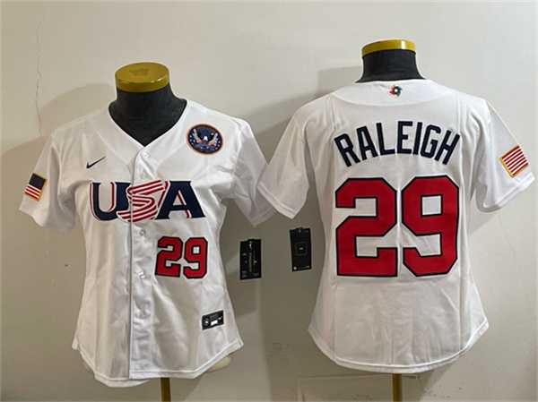 Womens USA Baseball #29 Cal Raleigh White 2026 World Baseball Classic United States 250th Anniversary Patch Stadium Stitched Baseball Jersey(Run Small)->->MLB Jersey