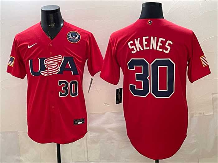 Mens USA Baseball #30 Paul Skenes Red 2026 World Baseball Classic United States 250th Anniversary Patch Stadium Stitched Jersey->->MLB Jersey
