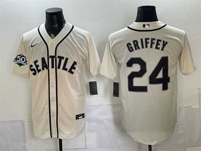 Men%27s Seattle Mariners #24 Ken Griffey Jr. Cream 50th Anniversary Alternate Stitched Jersey Dzhi->seattle mariners->MLB Jersey
