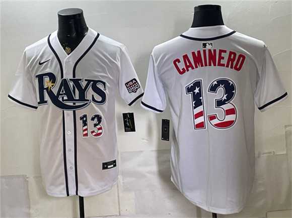 Men%27s Tampa Bay Rays #13 Junior Caminero White 2026 USA 250 Fourth of July Home Stitched Jersey Dzhi->texas rangers->MLB Jersey