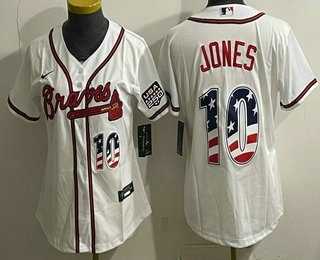 Women%27s Atlanta Braves #10 Chipper Jones White USA 250 Fourth of July Home Stadium Stitched Jersey Dzhi->mlb womens jerseys->MLB Jersey