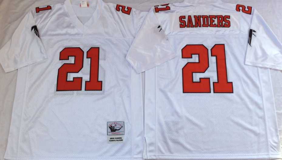 Mens Atlanta Falcons #21 Deion Sanders White Throwback Stitched Football Jersey->atlanta falcons->NFL Jersey