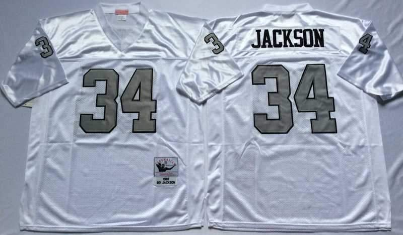 Mens Raiders #34 Bo Jackson White Silver Throwback Stitched Football Jersey->las vegas raiders->NFL Jersey