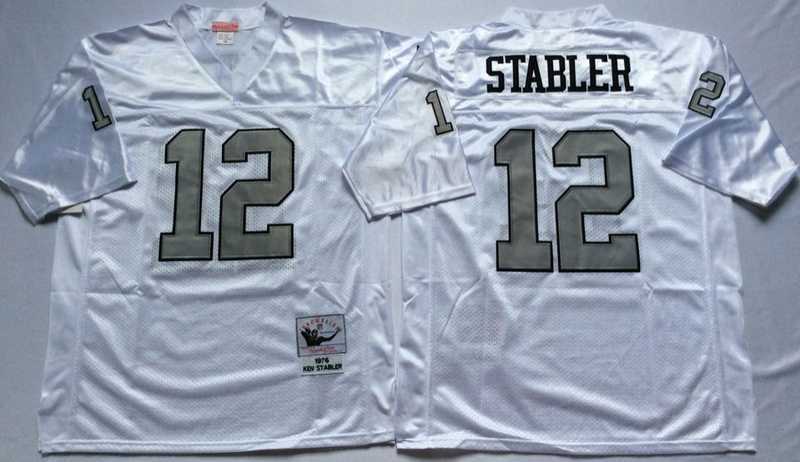 Mens Raiders #12 Ken Stabler White Silver Throwback Stitched Football Jersey->las vegas raiders->NFL Jersey