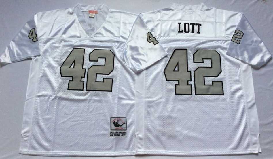 Men%27s Raiders #42 Ronnie Lott White Silver Number Throwback Stitched Football Jersey->las vegas raiders->NFL Jersey