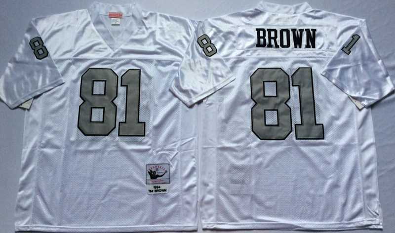 Men%27s Raiders #81 Tim Brown White Silver Throwback Stitched Football Jersey->las vegas raiders->NFL Jersey