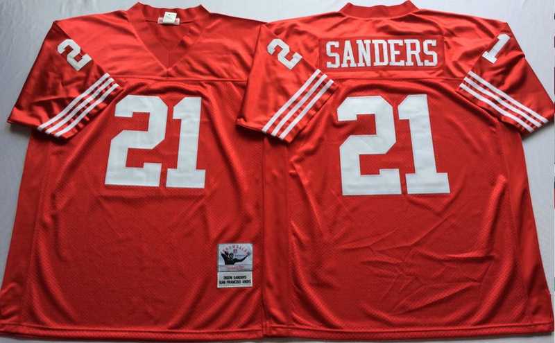 Mens San Francisco 49ers #21 Deion Sanders Red Throwback Stitched Football Jersey->san francisco 49ers->NFL Jersey