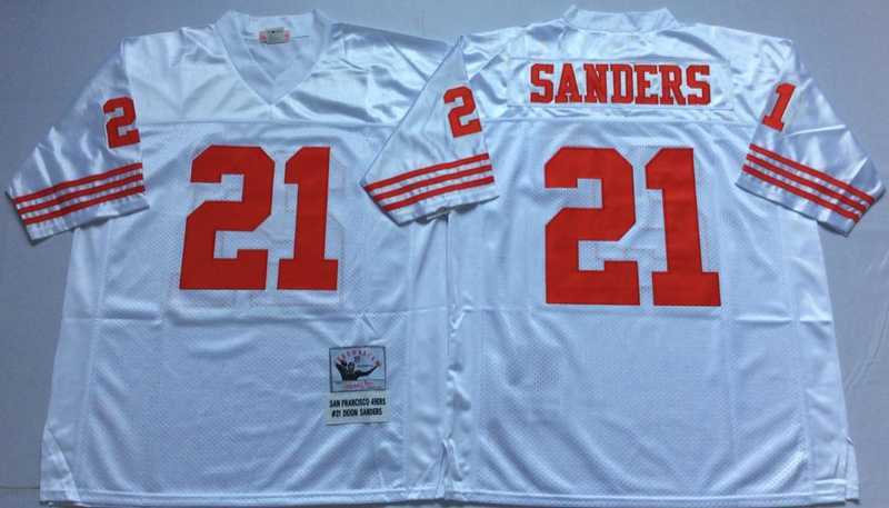 Mens San Francisco 49ers #21 Deion Sanders White Throwback Stitched Football Jersey->san francisco 49ers->NFL Jersey