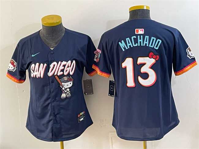 Women%27s San Diego Padres X Hello Kitty #13 Manny Machado Obsidian 2026 City Connect Stadium Stitched Jersey(Run Small)->toronto blue jays->MLB Jersey