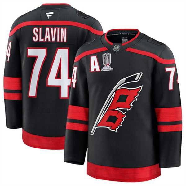 Men%27s Carolina Hurricanes #74 Jaccob Slavin Black 2026 Stanley Cup Champions And A Patch Home Stitched Jersey Dzhi->florida panthers->NHL Jersey