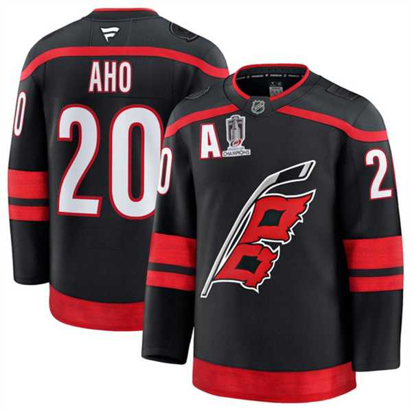 Men%27s Carolina Hurricanes #20 Sebastian Aho Black 2026 Stanley Cup Champions And A Patch Home Stitched Jersey Dzhi->toronto maple leafs->NHL Jersey