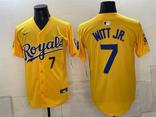 Men%27s Kansas City Royals #7 Bobby Witt Jr. Gold Sluggerrr Patch Vapor Limited Stitched Jersey->kansas city royals->MLB Jersey
