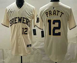 Men%27s Milwaukee Brewers #12 Cooper Pratt Cream Stitched Jersey->milwaukee brewers->MLB Jersey