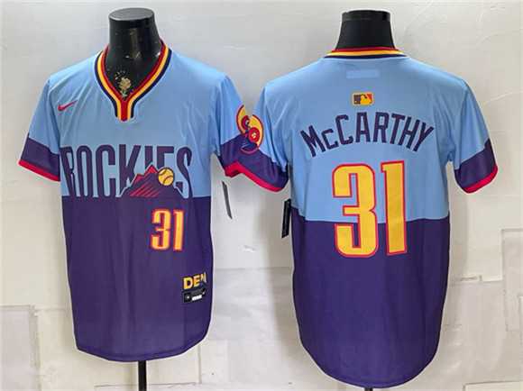 Men%27s Colorado Rockies #31 Jake McCarthy Purple Light Blue 2025 City Connect Limited Stitched Jersey Dzhi->colorado rockies->MLB Jersey