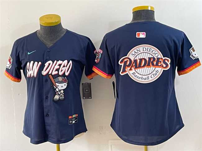 Womens San Diego Padres X Hello Kitty Team Big Logo Obsidian 2026 City Connect Stadium Stitched Baseball Jersey(Run Small)->mlb womens jerseys->MLB Jersey