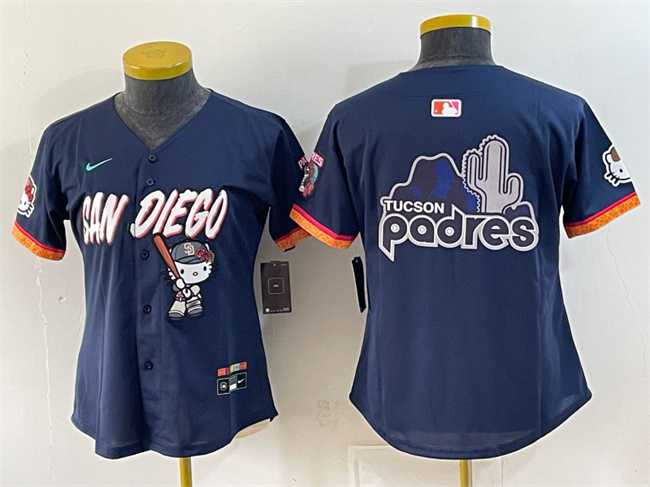 Womens San Diego Padres X Hello Kitty Team Big Logo Obsidian 2026 City Connect Stadium Stitched Baseball Jersey(Run Small)->mlb womens jerseys->MLB Jersey