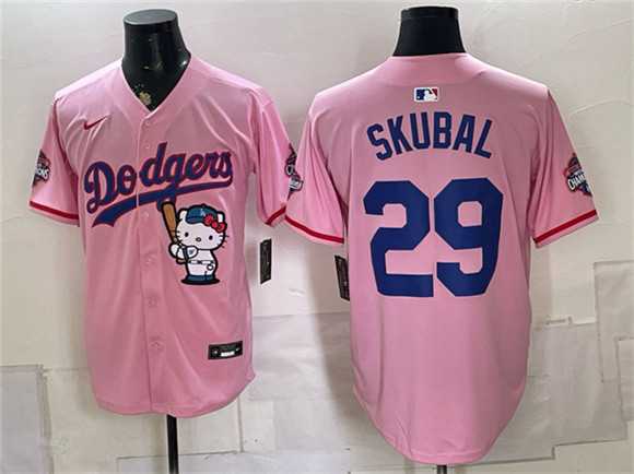 Mens Los Angeles Dodgers #29 Tarik Skubal Pink Hello Kitty Night 2025 World Series Champions Patch Stitched Jersey Dzhi->los angeles dodgers->MLB Jersey