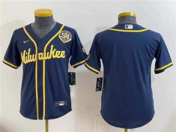 Youth Milwaukee Brewers Blank Navy With Home & Bob Uecker Patch Limited Stitched Jersey->->MLB Jersey